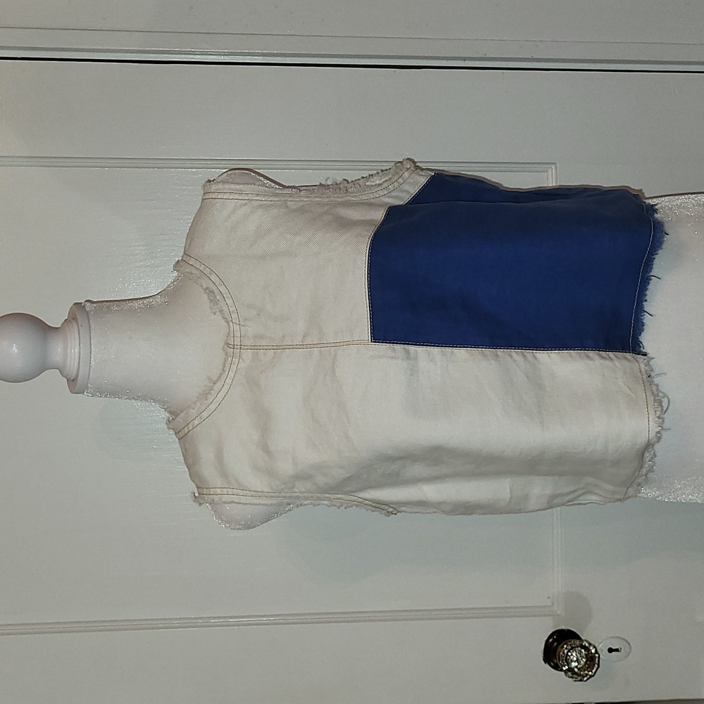 Anthropologie White and Royal Blue Patchwork Crop Tank